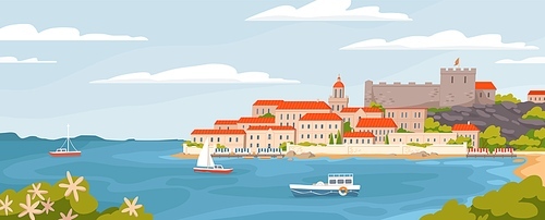 Beautiful European town on summer sea coast vector graphic illustration. Natural panoramic landscape view sky, water, city houses, ships and boats amazing seascape.