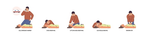 Set of stages to perform emergency first aid vector flat illustration. Instruction to medical cardiopulmonary resuscitation procedure isolated. Technique for chest compression to support breath.