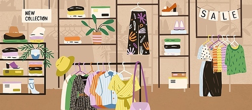 Interior of modern fashionable boutique vector flat illustration. Colorful clothes, shoes and accessories assortment on shelves and hangers. Shopping mall or store area with different goods.