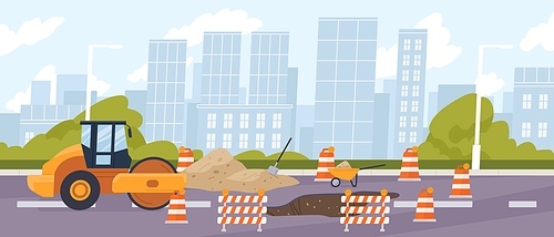 Roadworks in the city. Steamroller in front of a pit surrounded by traffic cones. Urban road construction, repair. Compactor asphalting a highway. Vector illustration in flat cartoon style.