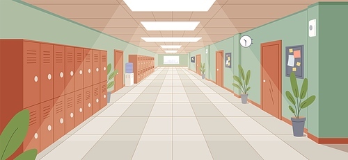 Colorful school corridor with window, doors and cupboards vector illustration. Empty college hallway interior with potted plants, clock and water cooler. Aisle inside of educational building.