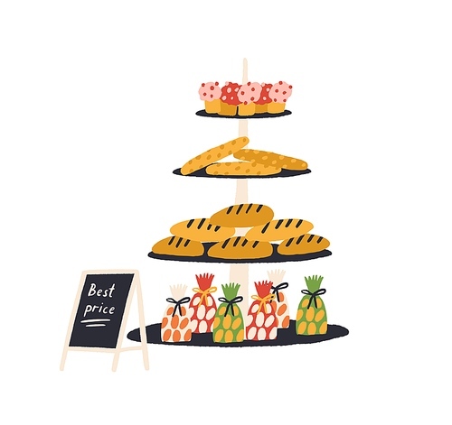 Rack shelves with fresh appetizing bakery vector flat illustration. Hand drawn showcase with sweets, breads and baked products of different types isolated. Pastry assortment with best price.