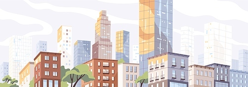 Modern city center with scyscrappers and residential houses. Colorful panoramic downtown view. Megalopolis cityscape. Metropolis skyline. Urban scenery. Vector illustration in flat style.