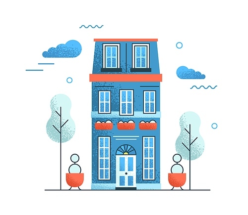 Vintage hotel building vector flat illustration. Exterior of cartoon retro architecture apartment isolated on white . Colorful residential house graphic design.