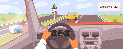 Male hands driving car moving on highway vector illustration. Driver riding on road inside of automobile. Safety first billboard, keep a distance and rise. Vehicle panel view during auto journey.