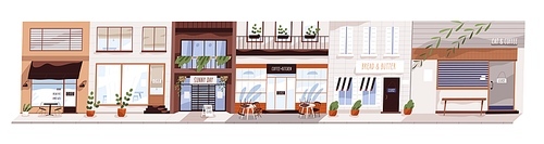 Cafes and shops are closed during coronavirus quarantine. Concept of small, midsize business closure, bankruptcy. Economic crisis. Empty city street panorama. Vector illustration in flat cartoon style