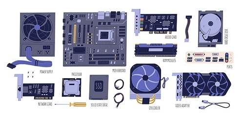 Collection of computer components. Pc and laptop parts: power supply, motherboard, audio card, HDD, RAM, network card, SSD, processor, CPU, video adapter isolated on white. Vector flat illustration.