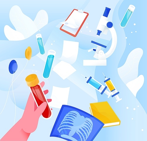 Colorful composition with different medical equipment for laboratory research. Flasks, microscope, syringe, x-ray for clinical diagnostic and lab tests. Vector illustration.