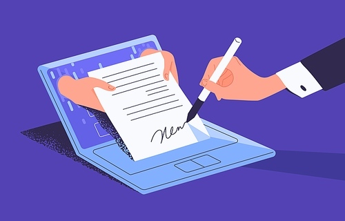 Man putting esignature into legal document. Digital signature concept. Businessman signing an agreement or contract online. Colorful vector illustration in flat cartoon style.