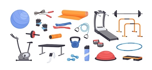 Set of colored various gym equipment vector graphic illustration. Collection of sport training apparatus, dumbbells, jump rope, aerobic ball, mat isolated on white .