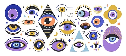 Set of various hand drawn doodle eyes vector flat illustration. Collection of evil, ra, turkish, greek and esoteric eye different shapes isolated on white . Colorful clairvoyance elements.