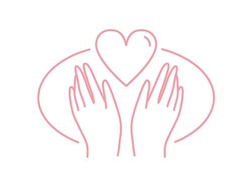 Human hands with heart vector flat illustration in line art style. Symbol of love, care and protection in palms isolated on white . Contour emblem of kindness and charity.