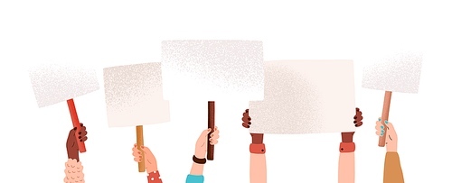 Hands of diverse woman hold empty banners with place for text vector flat illustration. Human arms at demonstration with placard isolated on white. Group of person with posters at protest meeting.