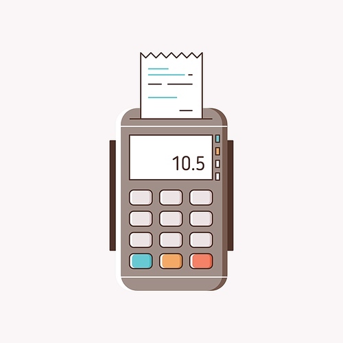 Cartoon payment machine with paper receipt vector flat illustration. Modern POS terminal with colorful button ready to pay isolated on white . NFC payments transaction.