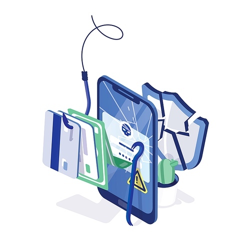 Сracked smartphone, credit cards and money on fishing hook and broken or shattered protective shield. Phishing, internet fraud, online security. Modern colorful isometric vector illustration.