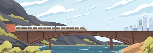 Modern speedy train on railway at old brick bridge over sea vector graphic illustration. Fast electric transport moving on railroad at beautiful natural landscape mountain, sky and city.