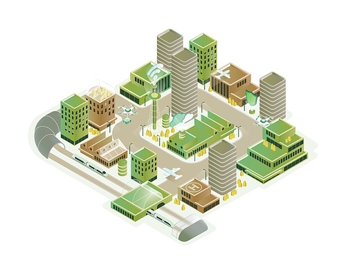 Colorful smart city isometric model vector illustration. Modern innovation cityscape infrastructure with technological transport, skyscraper, hi tech creative composition isolated on white .
