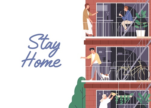 Stay home, isolation concept. Horizontal banner with a place for text. People spend time in apartment during coronavirus quarantine. Neighbors on balconies. Vector illustration in flat cartoon style.
