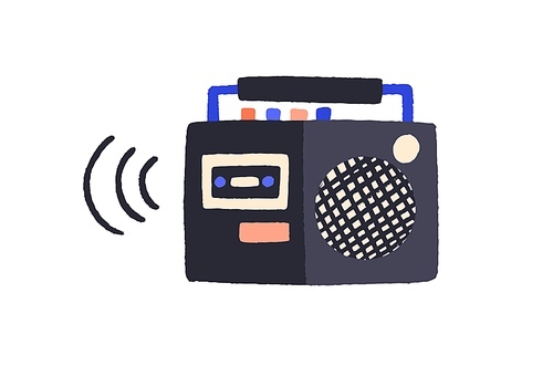 Cartoon colorful retro tape recorder vector flat illustration. Vintage electronic cassette record player isolated on white . Ancient classic device with colored button create audio sound.