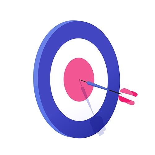 Cartoon arrow exactly on target vector graphic illustration. Hitting goal, successful business strategy result isolated on white . Archery aim achievement at sport game and job.