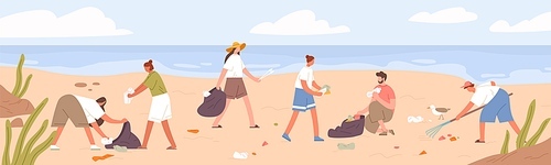 Cartoon man and woman volunteers collecting trash into bags. Colorful people clean beach from pollution and garbage. Group of active people cleaning seaside. Ecology protection movement.