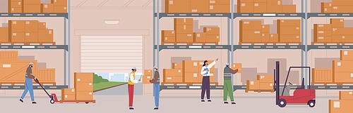 People in safety clothes work at warehouse vector flat illustration. Man and woman inside storage of logistic delivery service. Staff surrounded by boxes on rack and transport of storehouse interior.