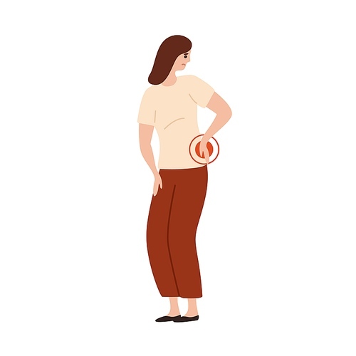 Unhappy woman touching lower back feeling pain vector flat illustration. Upset female suffer having injury or spine damage isolated on white. Illness girl bending forward have physical health problem.