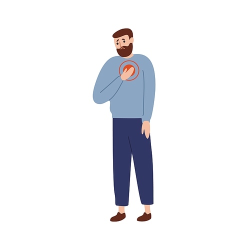 Upset man touching chest with painful expression vector flat illustration. Sad guy suffering from heart attack isolated on white. Unhappy male having pain symptoms and health disorder.