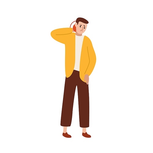 Unhappy guy suffering from neck pain vector flat illustration. Upset man feeling muscle or joint injury isolated on white . Sad male touching body with painful expression.