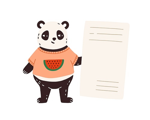 Funny cute bear panda holding empty banner, card, to do list with place for text. Childish template, announcement, agenda, note, poster. Flat vector cartoon illustration isolated on white .