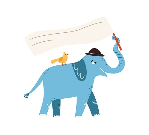 Funny protesting elephant with bird holding flag, banner, card with place for text in trunk. Childish poster, hand drawn announcement. Flat vector cartoon illustration isolated on white .
