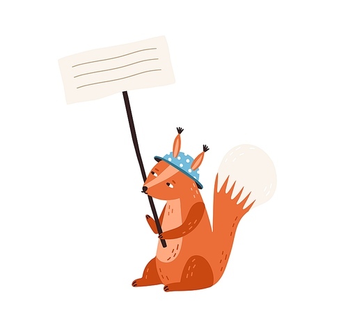 Cute squirrel in funny hat holding empty banner with place for text vector flat illustration. Adorable cartoon animal with placard isolated on white. Amusing furry character with announcement poster.