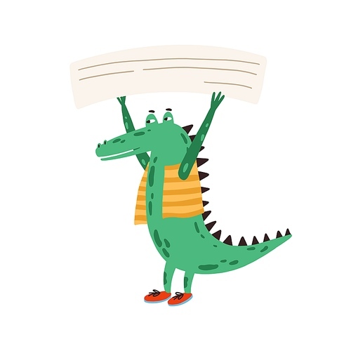 Funny green protesting crocodile in clothes, holding empty banner, card, poster with place for text. Childish template, cute announcement. Flat vector cartoon illustration isolated on white 