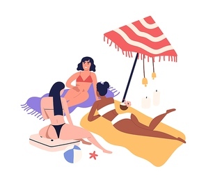 Cartoon women friends sunbathing on beach in bikini. Girls having rest near sea, relaxing in summer, lying under umbrella. Female friendship in flat illustration isolated on white background.