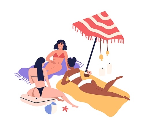Cartoon women friends sunbathing on beach in bikini. Girls having rest near sea, relaxing in summer, lying under umbrella. Female friendship in flat illustration isolated on white .