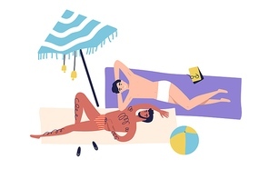 Cartoon caucasian homosexual men sunbathing on beach. Gay couple lying, having rest, relaxing. Male friendship, relaxation under umbrella in cartoon flat illustration isolated on white background.