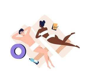 Relaxing people, sunbathing couple on beach. Woman and man lying, relaxing, chilling, lounge time. Summer vacation, relaxation on the blanket. Cartoon flat illustration isolated on white background.
