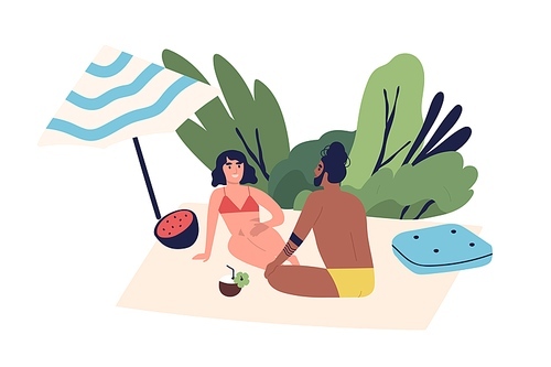 Relaxing people, sunbathing couple on beach. Woman and man sitting, talking, chilling, lounge time. Summer vacation, relaxation under umbrella in cartoon flat illustration isolated on white 