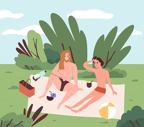Gay couple talking at picnic. Friends drinking cocktail. Two happy men in summer park on vacation. Relaxing people outdoors, chilling and sunbathing on blanket in flat cartoon vector illustration.