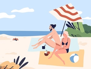 Relaxing people at seashore, couple sunbathing on beach. Woman and man sit, talk, chill. Lounge time at the seaside. Summer vacation, relaxation under umbrella in flat cartoon vector illustration.