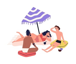 Cartoon people sunbathing on beach in bikini, beachwear. Friends rest near sea, relaxing in summer, lying under parasol on blanket. Vacation, tourism. Flat illustration isolated on white background.
