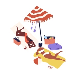 Cartoon women friends sunbathing on beach in bikini. Dark skin girls rest by sea, relaxing in summer, lying. Female friendship. Picnic by the sea flat illustration isolated on white background.