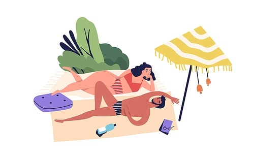 Relaxing people, romantic couple sunbathing on beach. Chubby woman and man smiling, lying. Summer vacation, chill, lounge, rest under parasol. Cartoon flat illustration isolated on white .