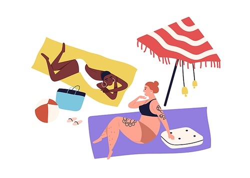 Body positive woman couple sunbathing on beach vacation in bikini. Girls chill, people talk. Female friendship, relax under umbrella in cartoon flat vector illustration isolated on white .