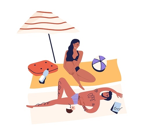 Relaxing people, romantic couple sunbathing on beach. Woman and man smiling, talking. Summer vacation, chill, lounge, rest under umbrella in cartoon flat illustration isolated on white .