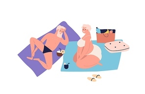 Elderly old couple sunbathing on beach. Retired people, grandparents sit, smile, lying on blanket. Summer vacation, chilling, picnic in cartoon flat vector illustration isolated on white background.