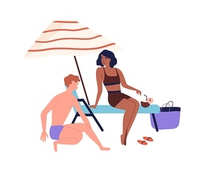 Relaxing people, romantic couple or friends sunbathing. Woman and man talking, making acquaintance on beach. Summer vacation, chill on lounger. Cartoon flat illustration isolated on white background.