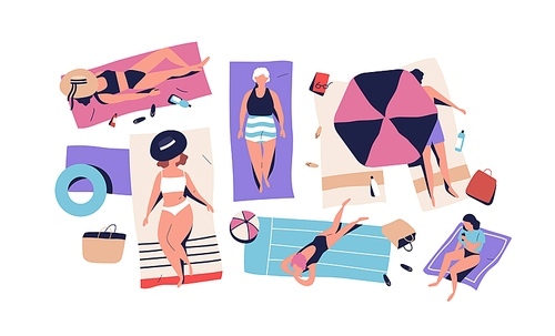 Top view, set of sunbathing people in beachwear relaxing on beach in summer. Women chill under umbrella, on sand, blankets on vacation. Flat vector cartoon illustration isolated on white .