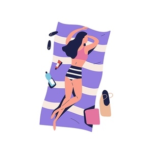Cartoon alone woman sunbathing, lying on beach blanket in bikini, swimsuit. Slim girl rest calm by sea, relaxing, chilling, lounge. Summer vacation. Flat illustration isolated on white background.