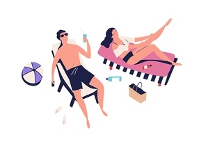 People, romantic couple sunbathing on beach. Woman spreading sun protection cream, lotion. Man siping cocktail. Summer vacation, chill, lounge. Cartoon flat illustration isolated on white background.